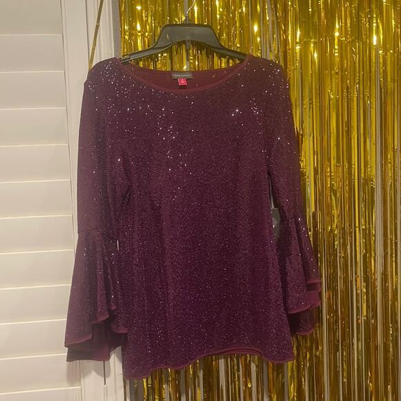 Vince Camuto Scoop Neckline Sequin Long Bell Sleeve Plum Purple Blouse Medium - Picture 1 of 7